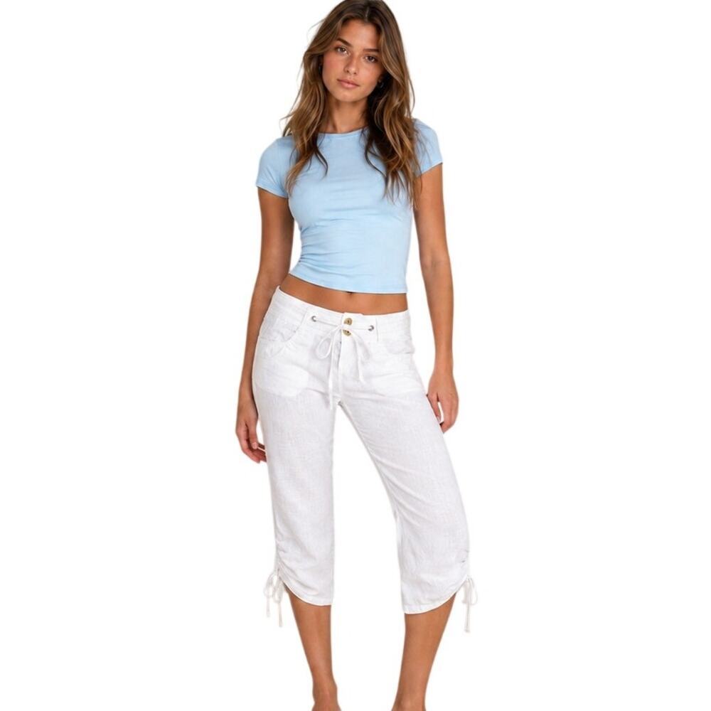 Guess White 100% Linen Capri Pants Size 28 Low Rise Drawstring Hem Pockets